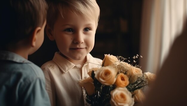 Little boy holding flowers hugging his mother and celebrating mother's day Generative AI