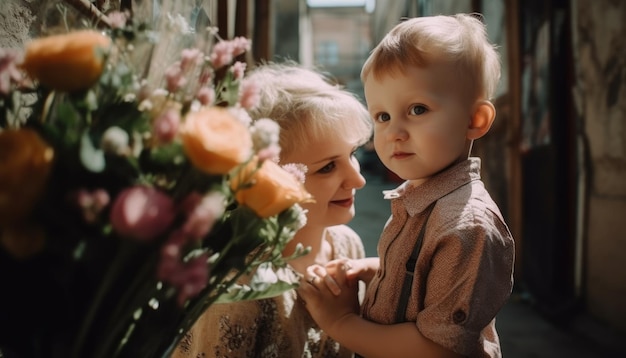 Little boy holding flowers hugging his mother and celebrating mother's day Generative AI