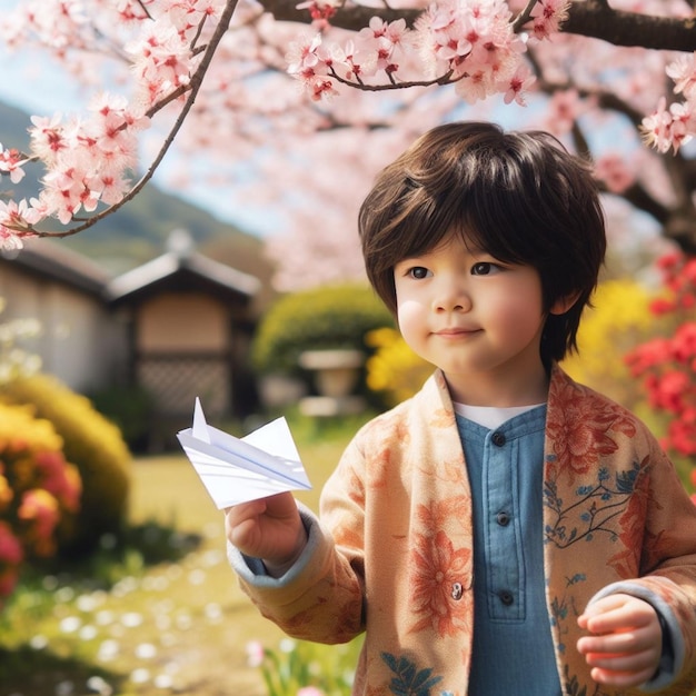 Photo a little boy holding a paper boat in a garden