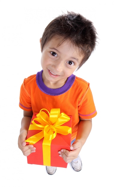 Little boy holding present box