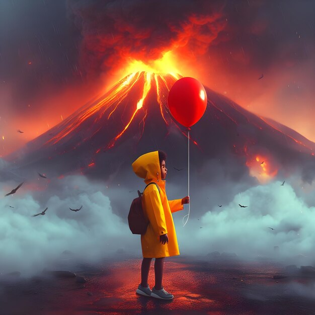 噴火する火山の前で赤い風船を持った小さな男の子