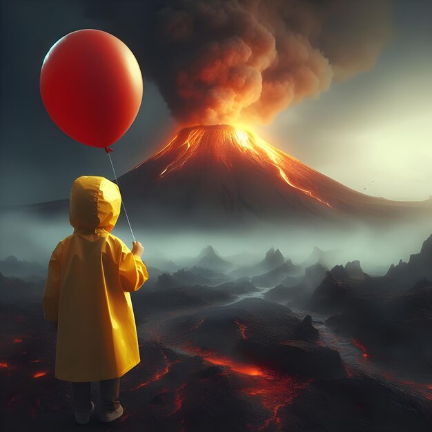 Photo little boy holding red balloon in front of erupting volcano generative ai