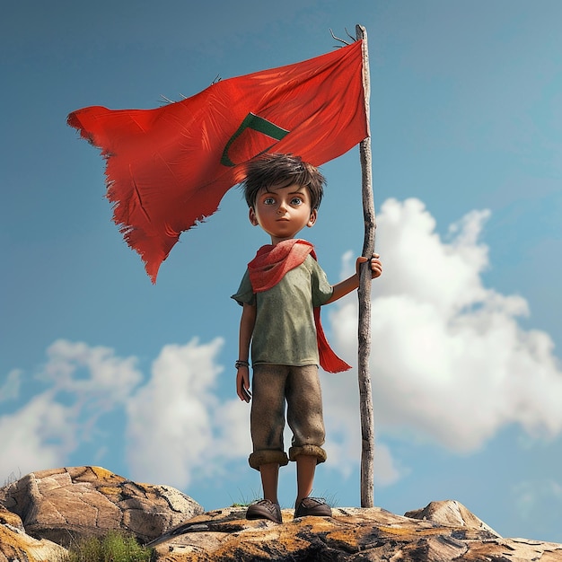 a little boy holding a red flag with a red flag in the background