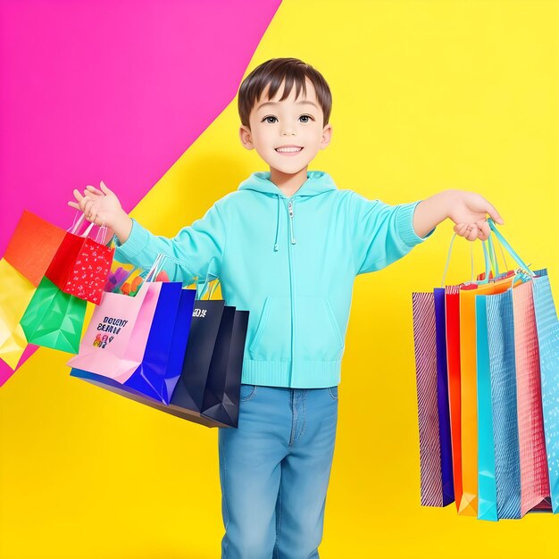 Little boy holding shopping bags on colorful background shopping on black friday ai generate