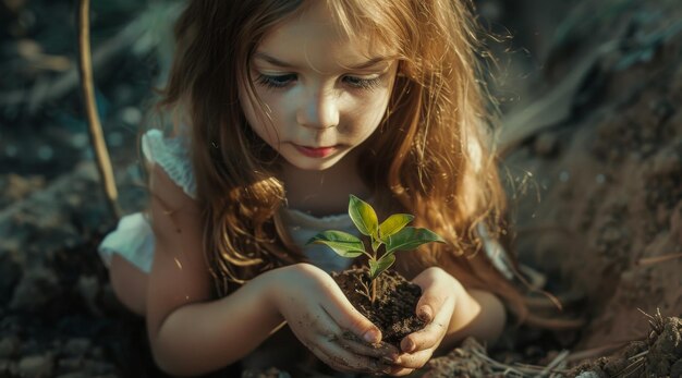 Photo little boy holding a small plant in soil with organic matter