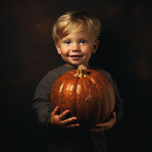 Маленький мальчик держит оранжевую тыкву