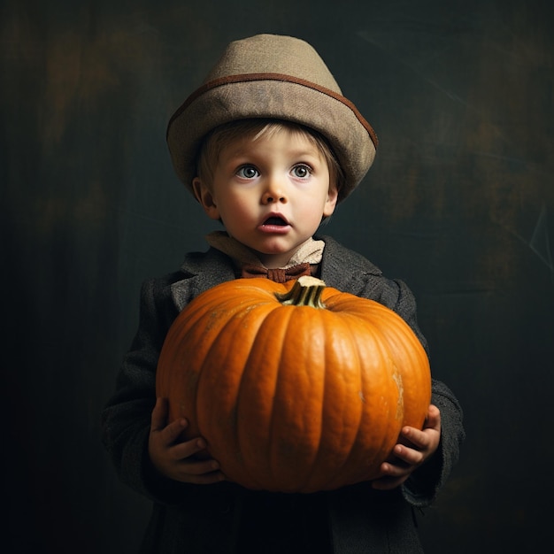 little boy holding up an orange pumpkin