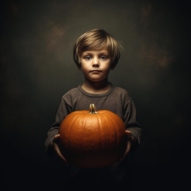 little boy holding up an orange pumpkin