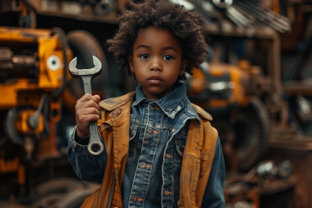 Photo little boy holding wrench