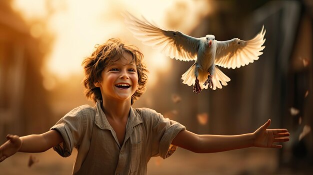 Little boy holds bird in hand nature connection heartwarming moment child wildlife children day