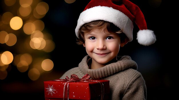 작은 소년 은 크리스마스 나 새해 의 선물 이 들어 있는 선물 상자 를 들고 있다