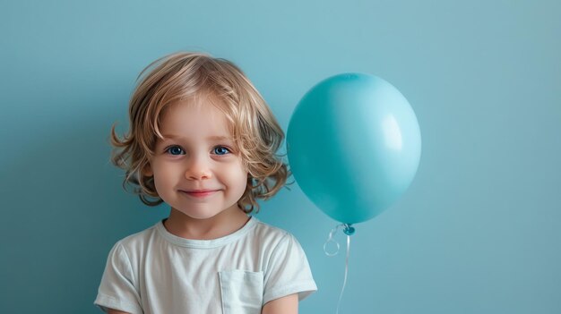 Little boy hugging blue balloon on pastel blue background