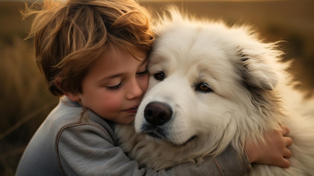 小さな男の子が犬を抱きしめる