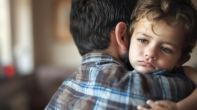 Foto il ragazzino abbraccia suo padre da dietro da vicino il ragazzo ha un'espressione triste sul suo viso