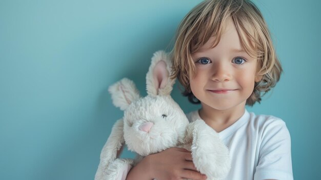 Маленький мальчик обнимает плюшевую игрушку на пастельно-синем фоне