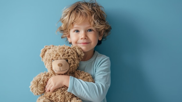 Little boy hugging stuffed toy on pastel blue background