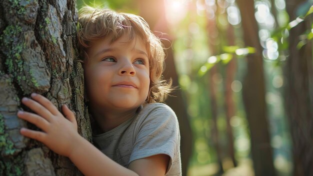 Photo little boy hugging tree in woods