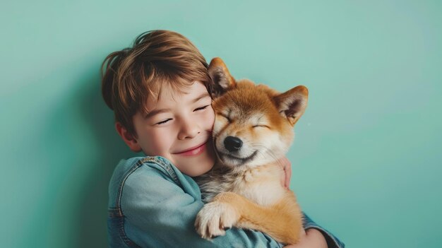 パステルブルーの背景にあなたの小さなアキタ・イヌ犬を抱きしめる小さな男の子