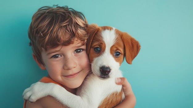 パステルブルーの背景であなたの小さな犬を抱きしめる小さな男の子