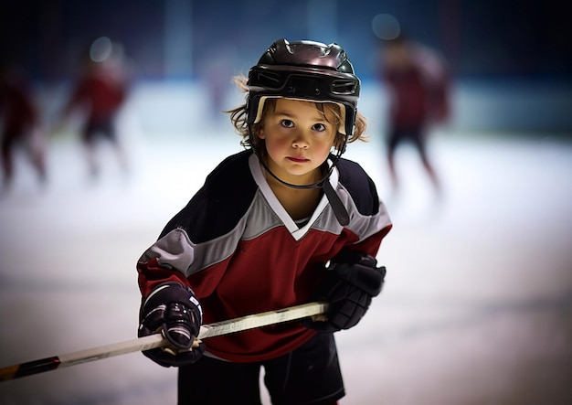 Little boy ice hockey player with hockey stick and full professional gear on large arena