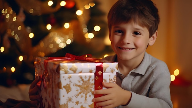 Маленький мальчик улыбается после получения подарка на Рождество