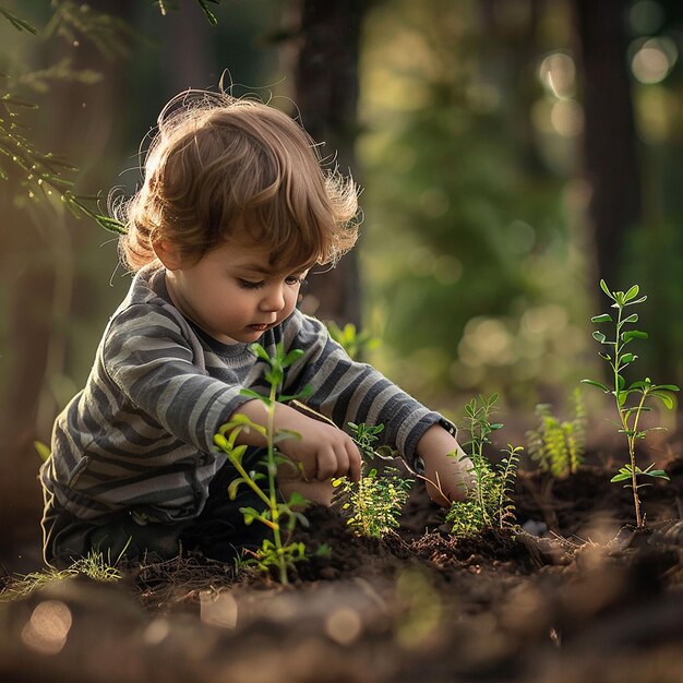 작은 소년이 손에 식물로 땅을 파고 있다.