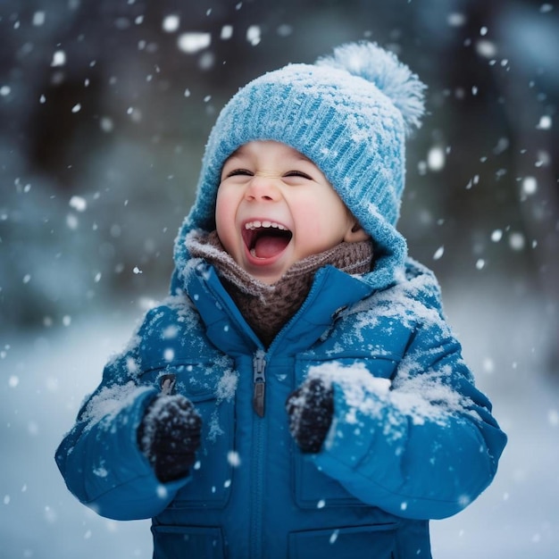 小さな男の子が雪の中で笑っている