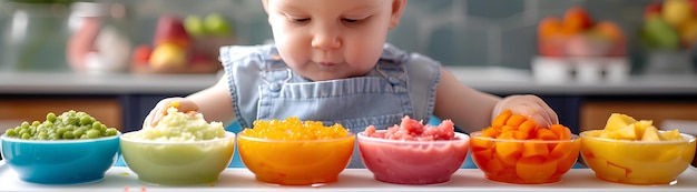 A little boy is looking at a bunch of fruit