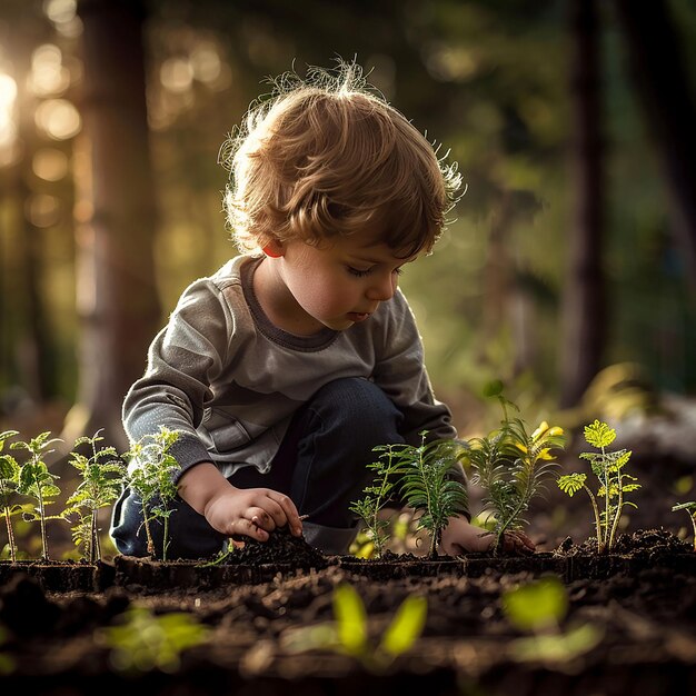 a little boy is playing in the forest with plants