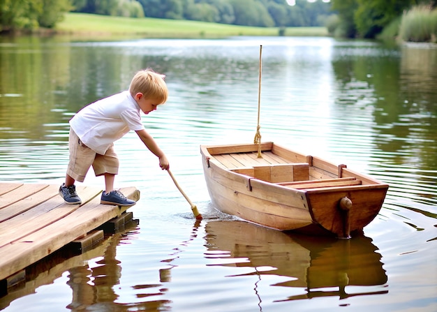작은 소년이 물속에서 배와 함께 놀고 있다.
