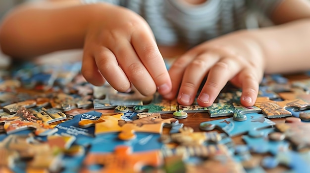 Little boy is putting together a jigsaw puzzle He is focused on the task at hand The puzzle is almost finished