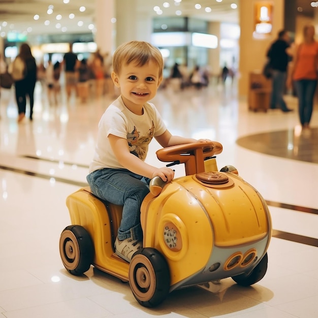 A little boy is riding a toy car in a mall.