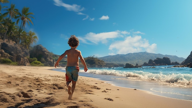 little boy is running on the beach