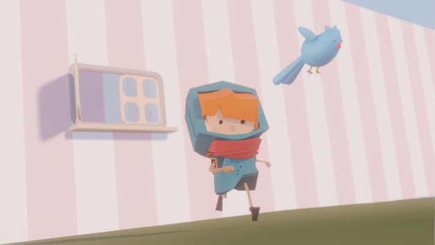 A little boy is running to catch the blue bird 3D