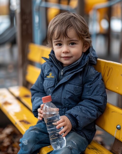 小さな男の子がベンチに座って手に水のボトルを握っています