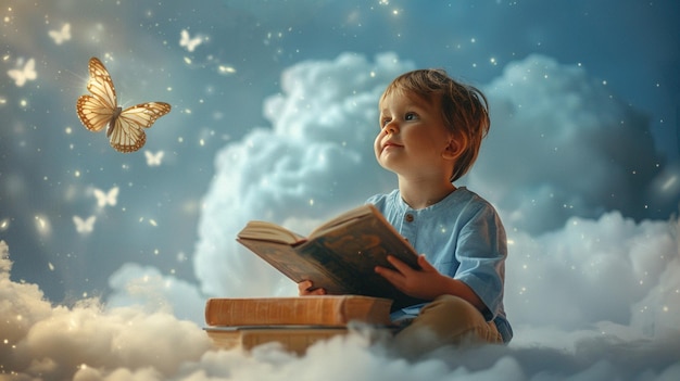 Photo little boy is sitting on a book flying in the sky