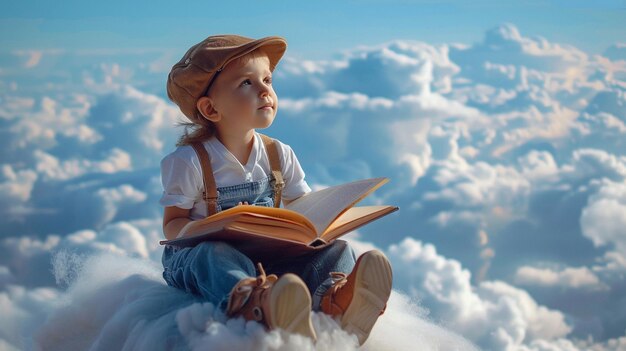 Photo little boy is sitting on a book flying in the sky