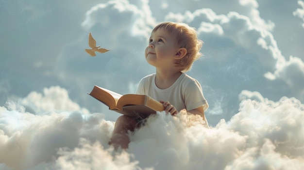 Photo little boy is sitting on a book flying in the sky