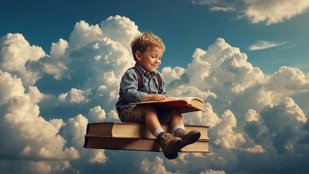 Маленький мальчик сидит на книге, летящей в небе.