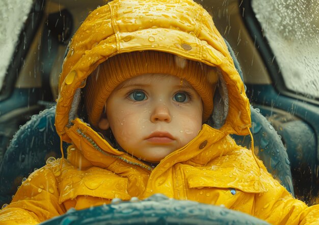 Little boy is sitting in car in yellow jacket and hood and looking at the camera