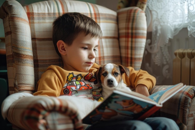 Little boy is sitting in a chair and reading a book to his cute terrier puppy dog