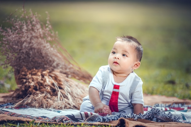 A little boy is sitting on a cloth spread on the grass in the park. 6 month old boy.