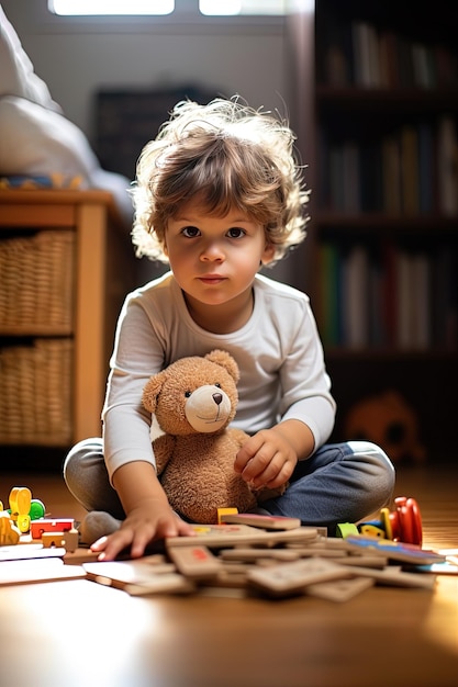 Photo a little boy is sitting on the floor with a teddy bear and a toy