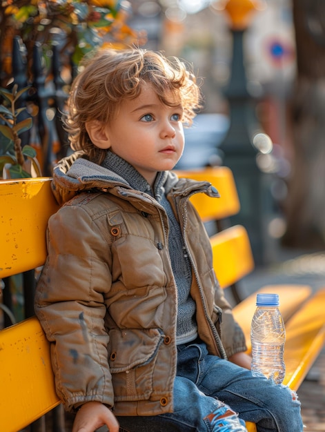 Фото Маленький мальчик сидит на скамейке в парке и пьет воду из бутылки