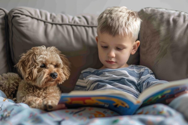 Little boy is sitting on a sofa and reading a book to his cute terrier or labradoodle puppy dog