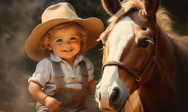 小さな男の子が馬とカウボーイの帽子の隣で微笑んでいる