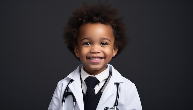 little boy is smiling while dressed in a doctor