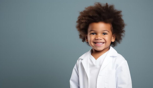 little boy is smiling while dressed in a doctor