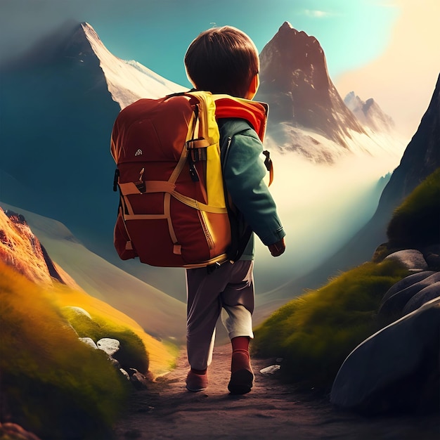 A little boy is starting a journey with a backpack ai generate