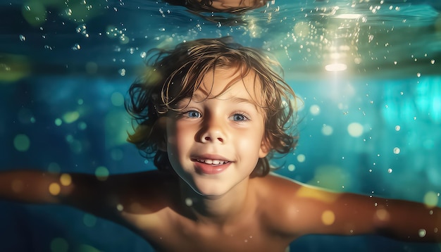 little boy is underwater in a pool